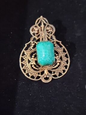 Turquoise Stone Filigree Drop Pendant - Gold Tone